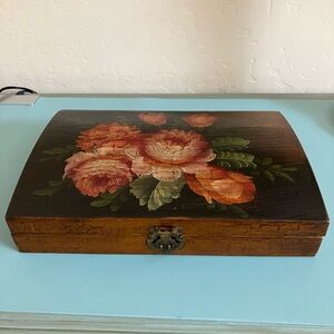 Vintage Hand-Painted Floral Wooden Jewelry Box. Hinged lid w/velvet interior.
